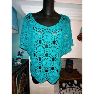 VINTAGE TURQUOISE TEAL CROCHET BOHO DOLMAN ANGEL SLEEVE TOP
